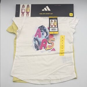 Adidas 3 piece Kids Short Sleeve Tee Set - White and Yellow Pink Short Size 5